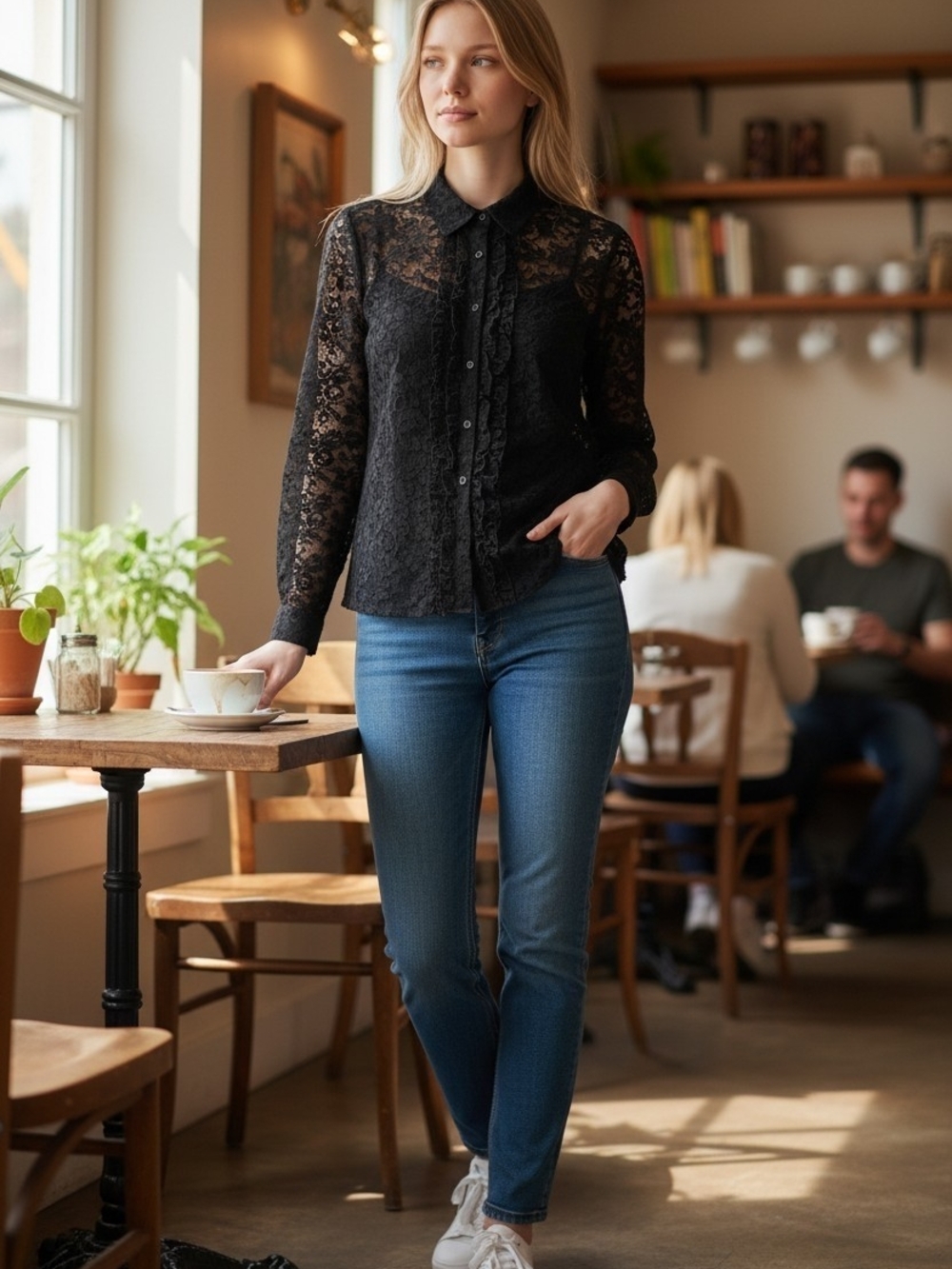 Lauren Ralph Lauren 2 Pc Black Lace Long-Sleeve Button-Up Blouse & Tank Sz L